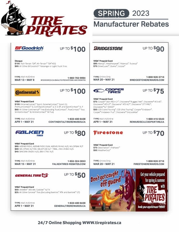 Tire pirates spring manufacture rebates in Calgary, AB